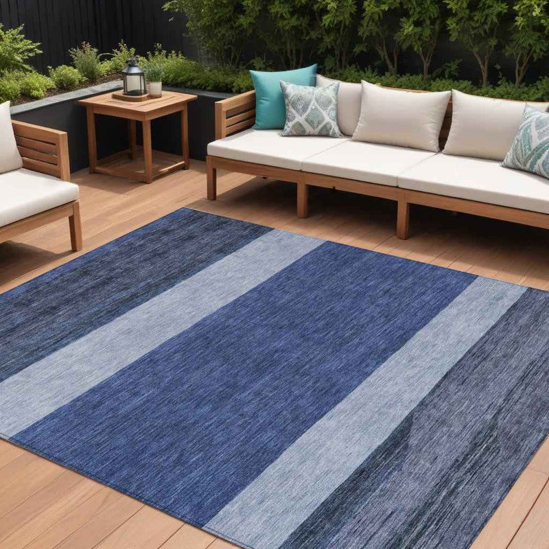 8' X 10' Navy Blue Sky Blue And Charcoal Abstract Washable Indoor Outdoor Area Rug