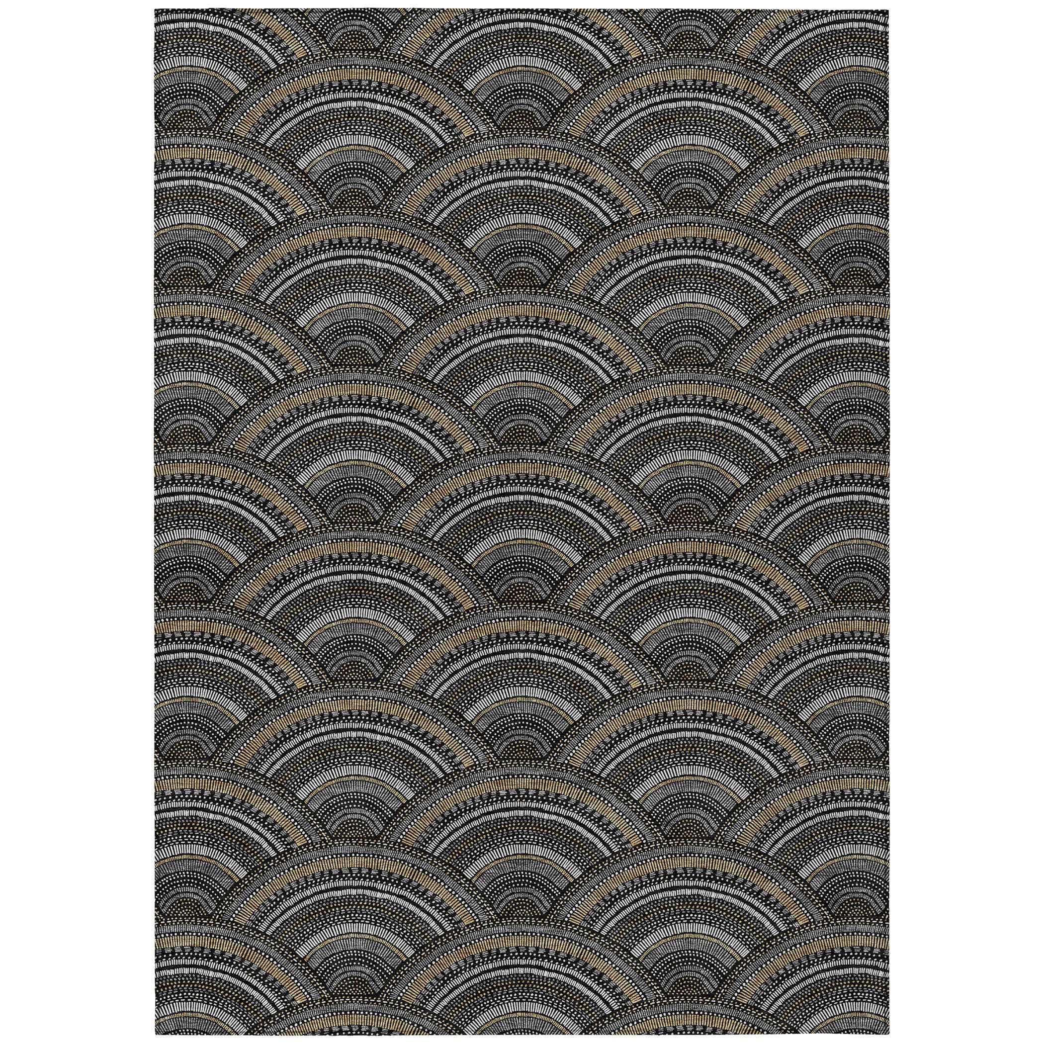 10' X 14' Black Ivory And Gold Geometric Washable Indoor Outdoor Area Rug