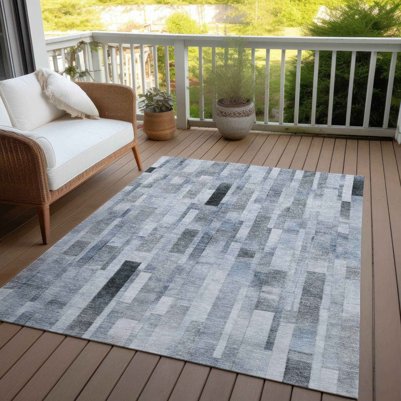 10' X 14' Blue And Gray Striped Washable Indoor Outdoor Area Rug