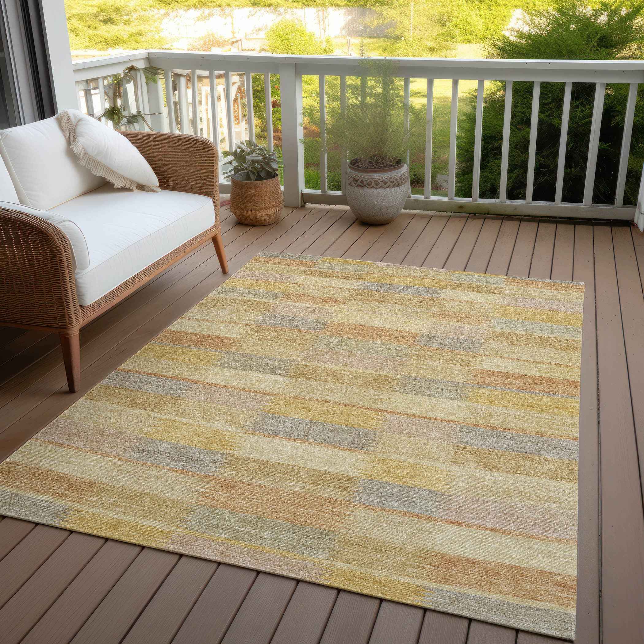 3' X 5' Wheat Beige And Gold Striped Washable Indoor Outdoor Area Rug