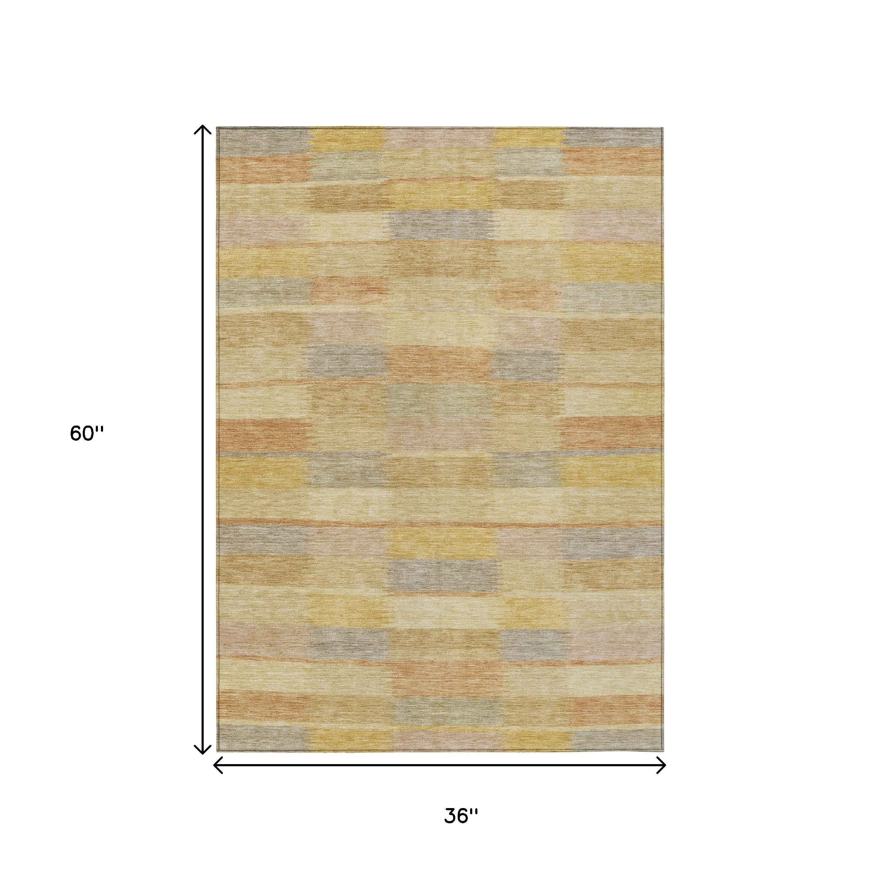 3' X 5' Wheat Beige And Gold Striped Washable Indoor Outdoor Area Rug