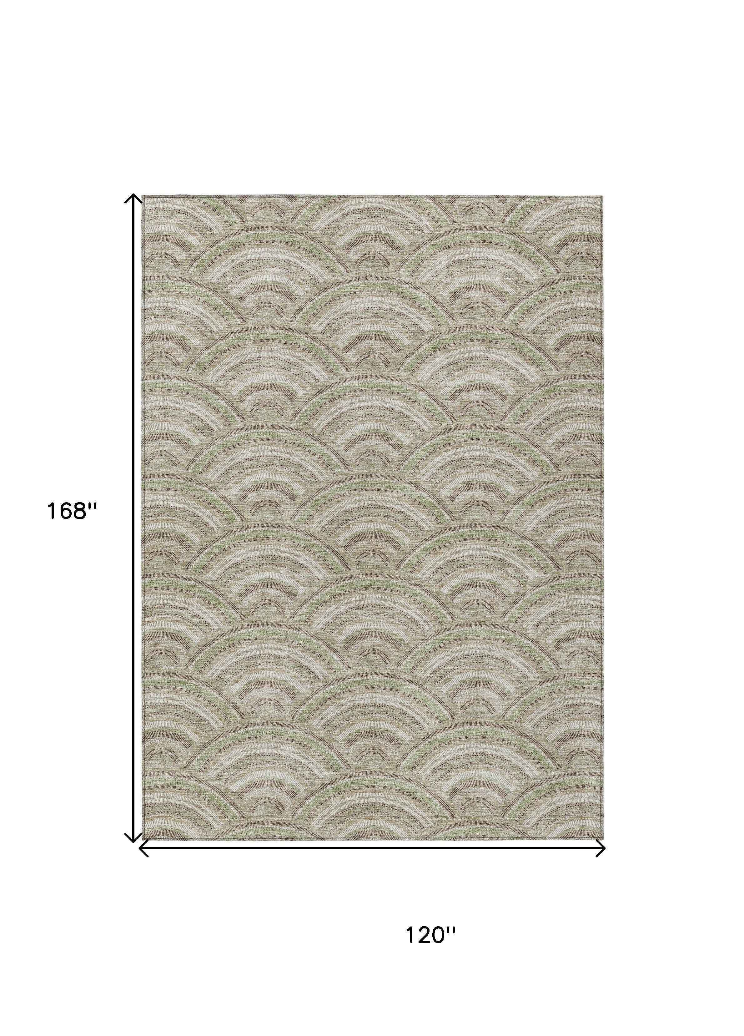10' X 14' Taupe Fern Green And Ivory Geometric Washable Indoor Outdoor Area Rug