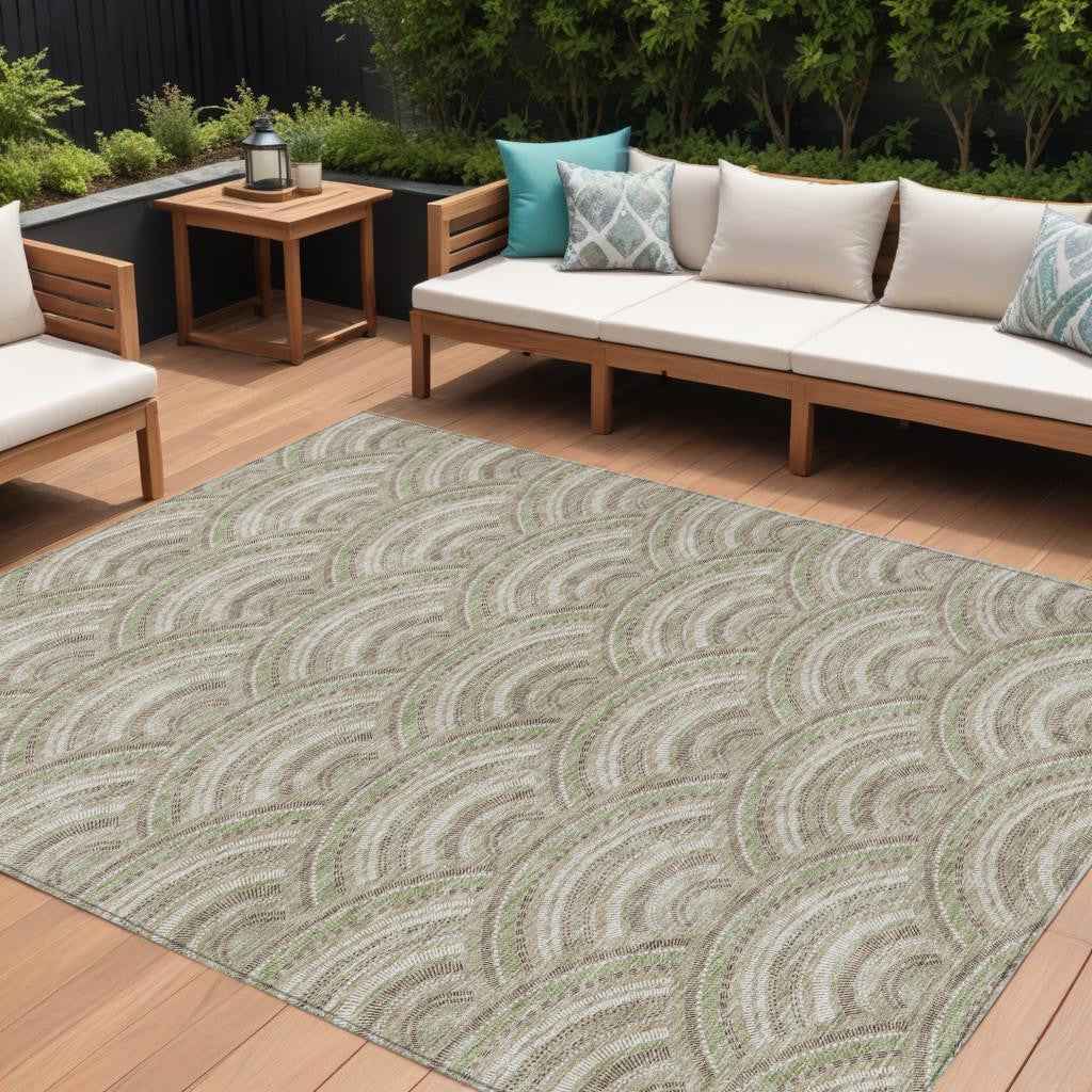 10' X 14' Taupe Fern Green And Ivory Geometric Washable Indoor Outdoor Area Rug