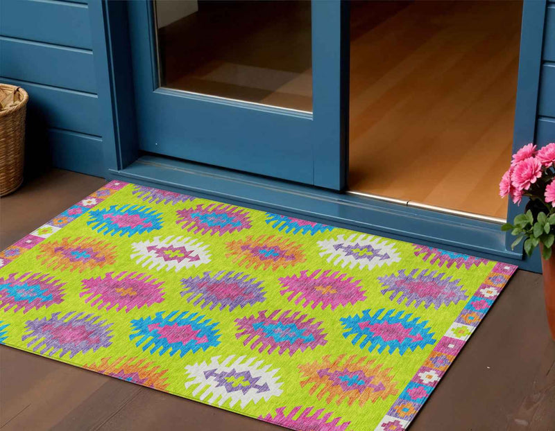3' X 5' Lime Green Pink And Purple Southwestern Washable Indoor Outdoor Area Rug