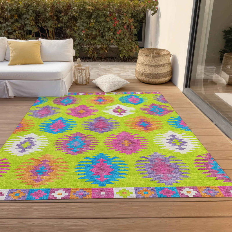 3' X 5' Lime Green Pink And Purple Southwestern Washable Indoor Outdoor Area Rug