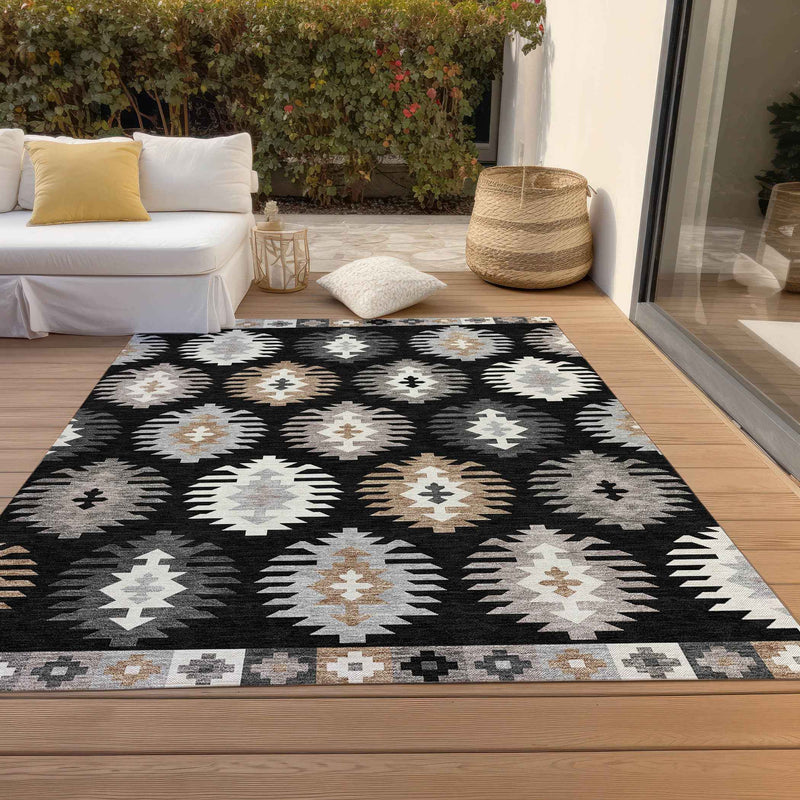 10' X 14' Black Ivory And Taupe Southwestern Washable Indoor Outdoor Area Rug