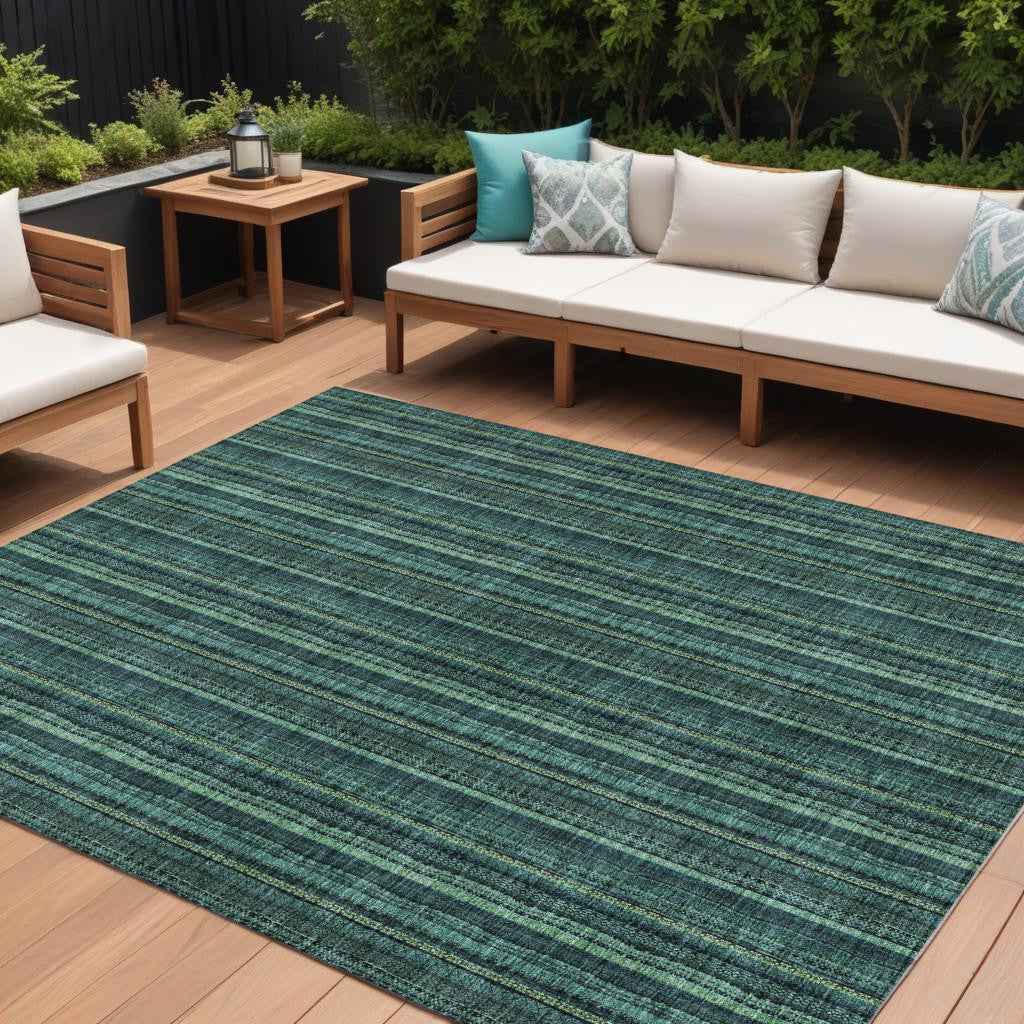 9' X 12' Teal Blue Aqua And Mint Green Striped Washable Indoor Outdoor Area Rug