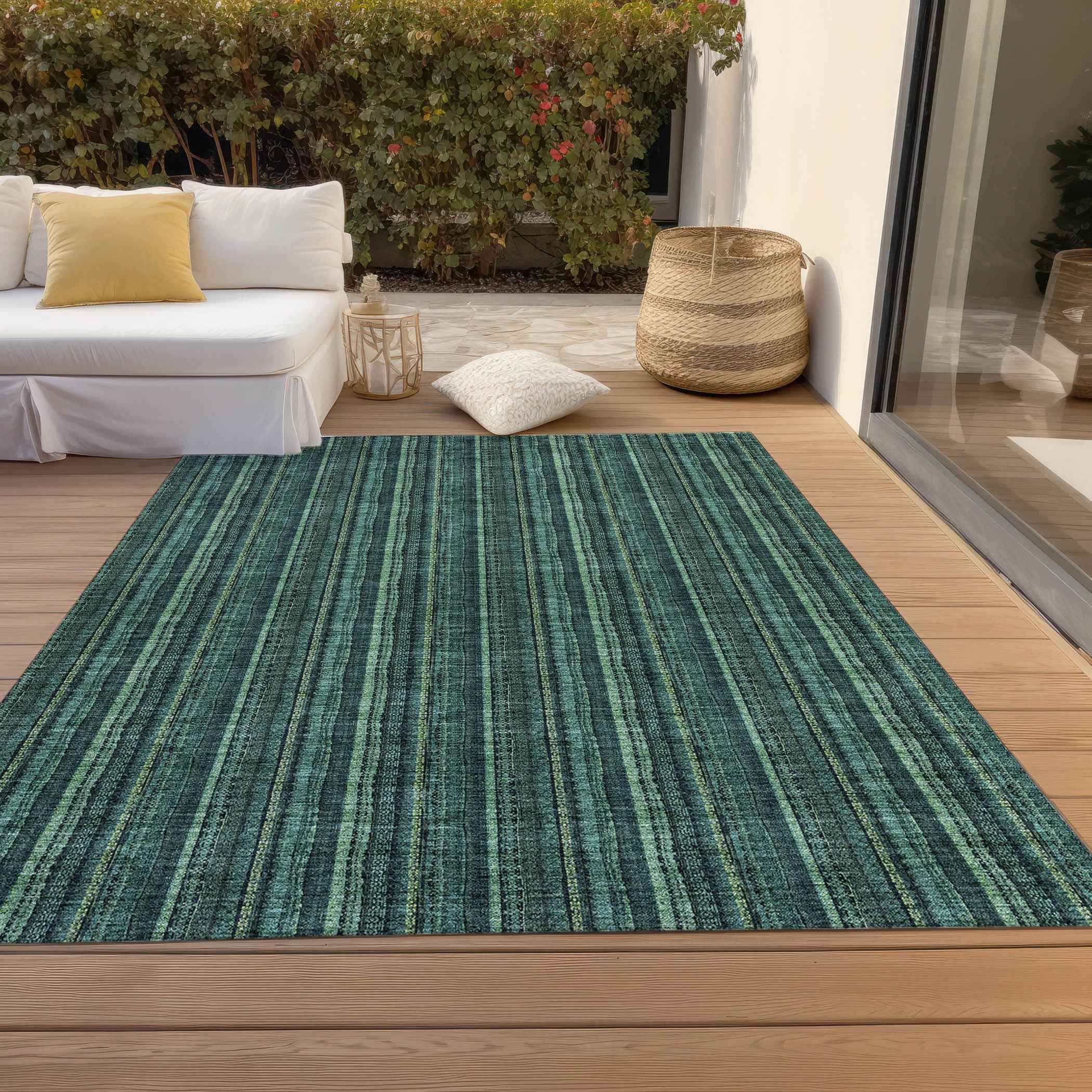9' X 12' Teal Blue Aqua And Mint Green Striped Washable Indoor Outdoor Area Rug