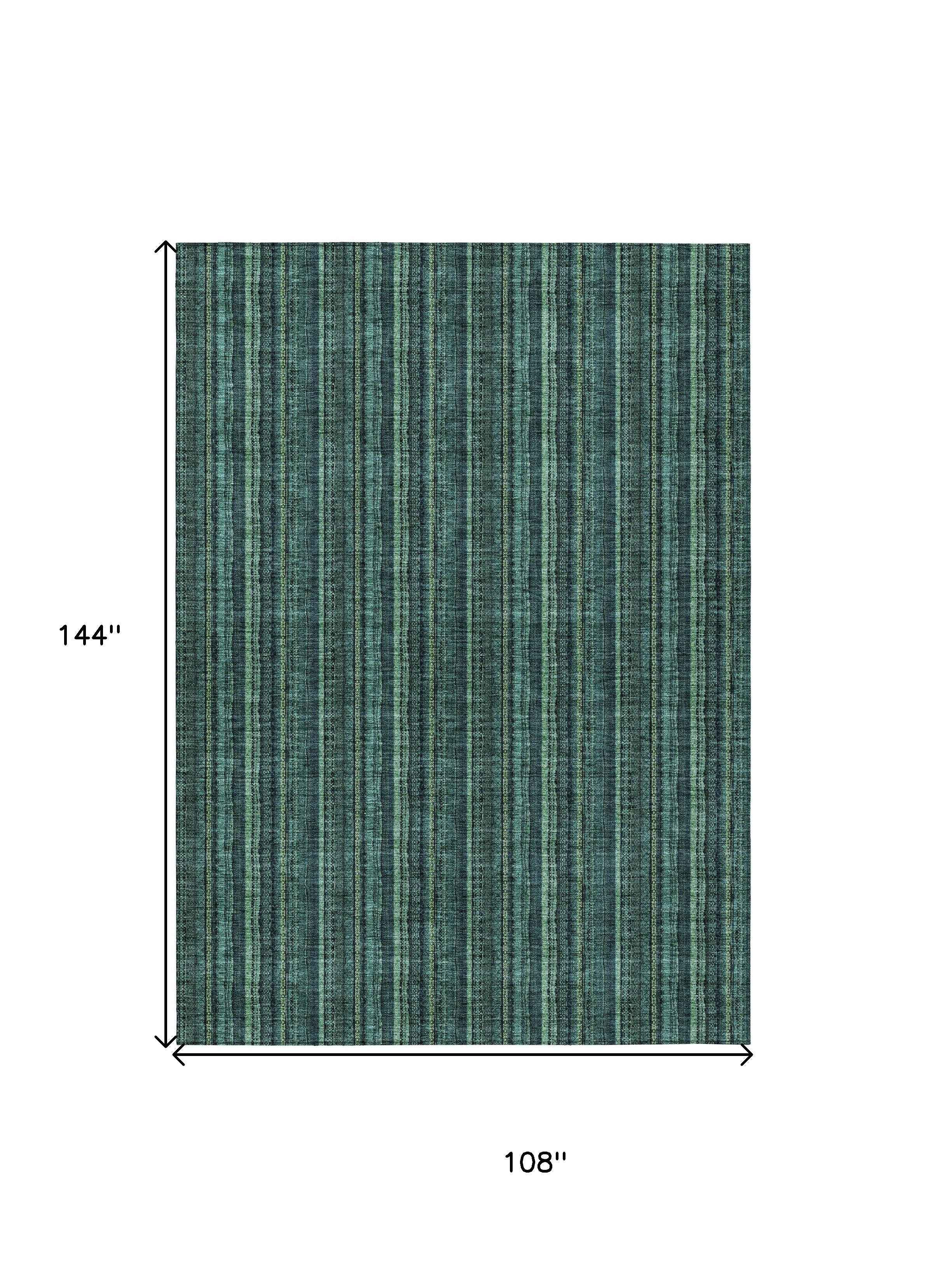 9' X 12' Teal Blue Aqua And Mint Green Striped Washable Indoor Outdoor Area Rug