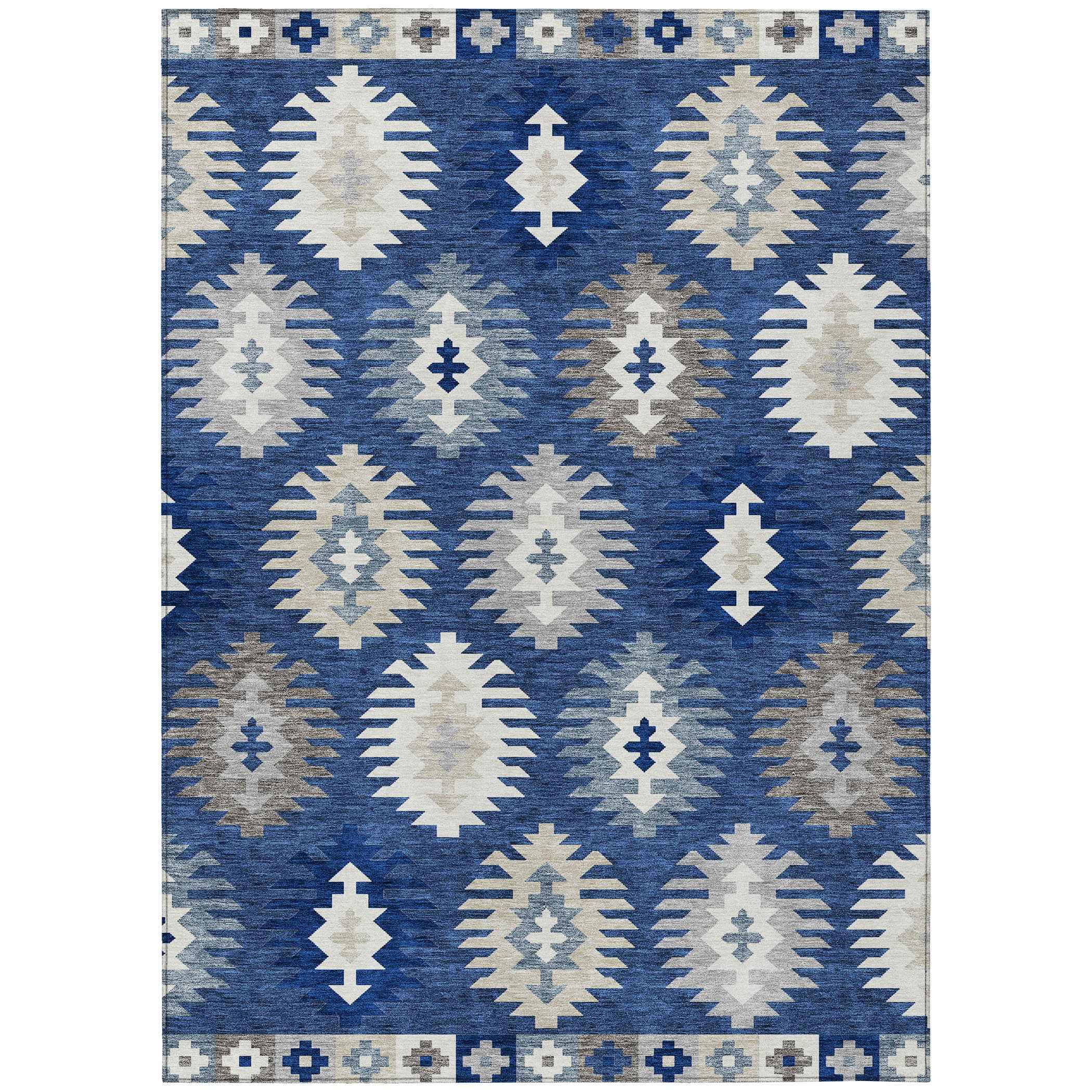 3' X 5' Navy Blue Ivory And Gray Southwestern Washable Indoor Outdoor Area Rug