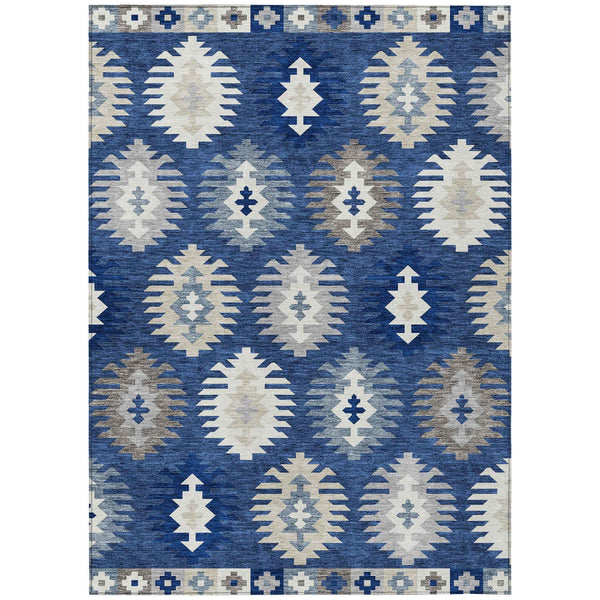 3' X 5' Navy Blue Ivory And Gray Southwestern Washable Indoor Outdoor Area Rug