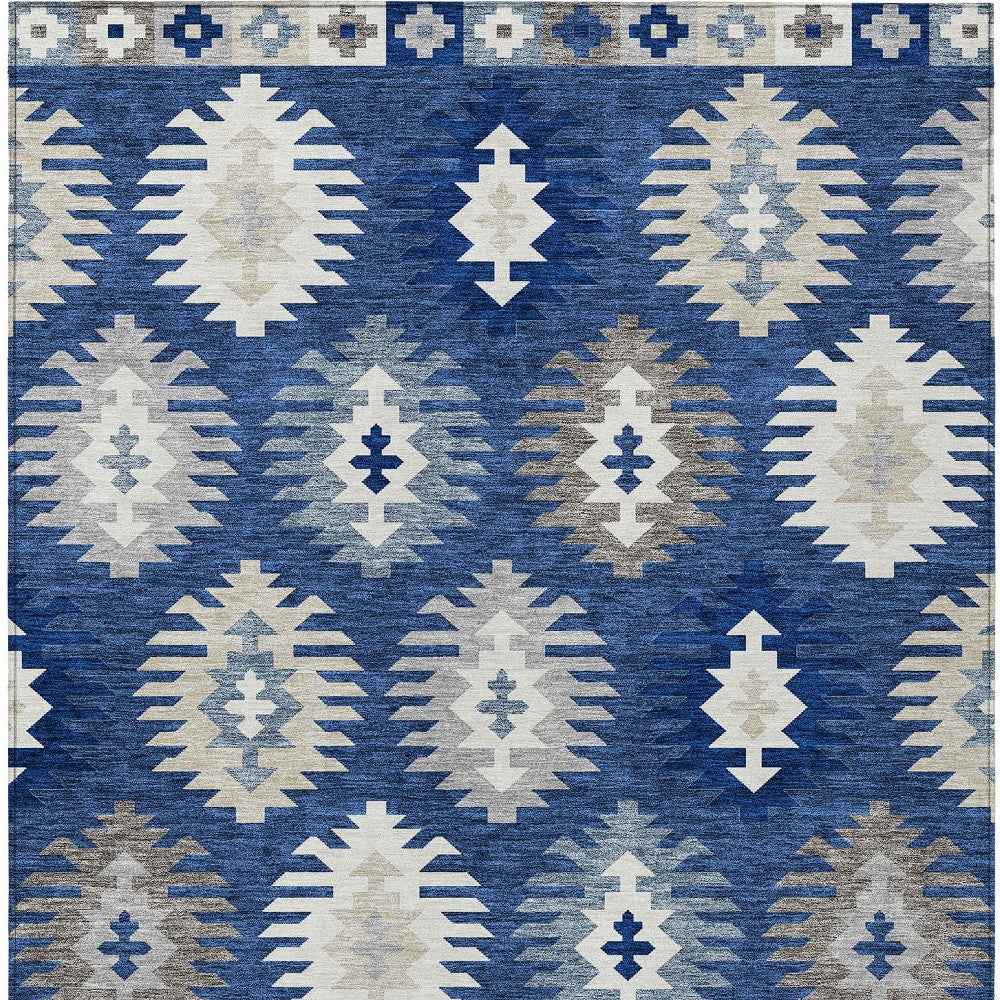 3' X 5' Navy Blue Ivory And Gray Southwestern Washable Indoor Outdoor Area Rug