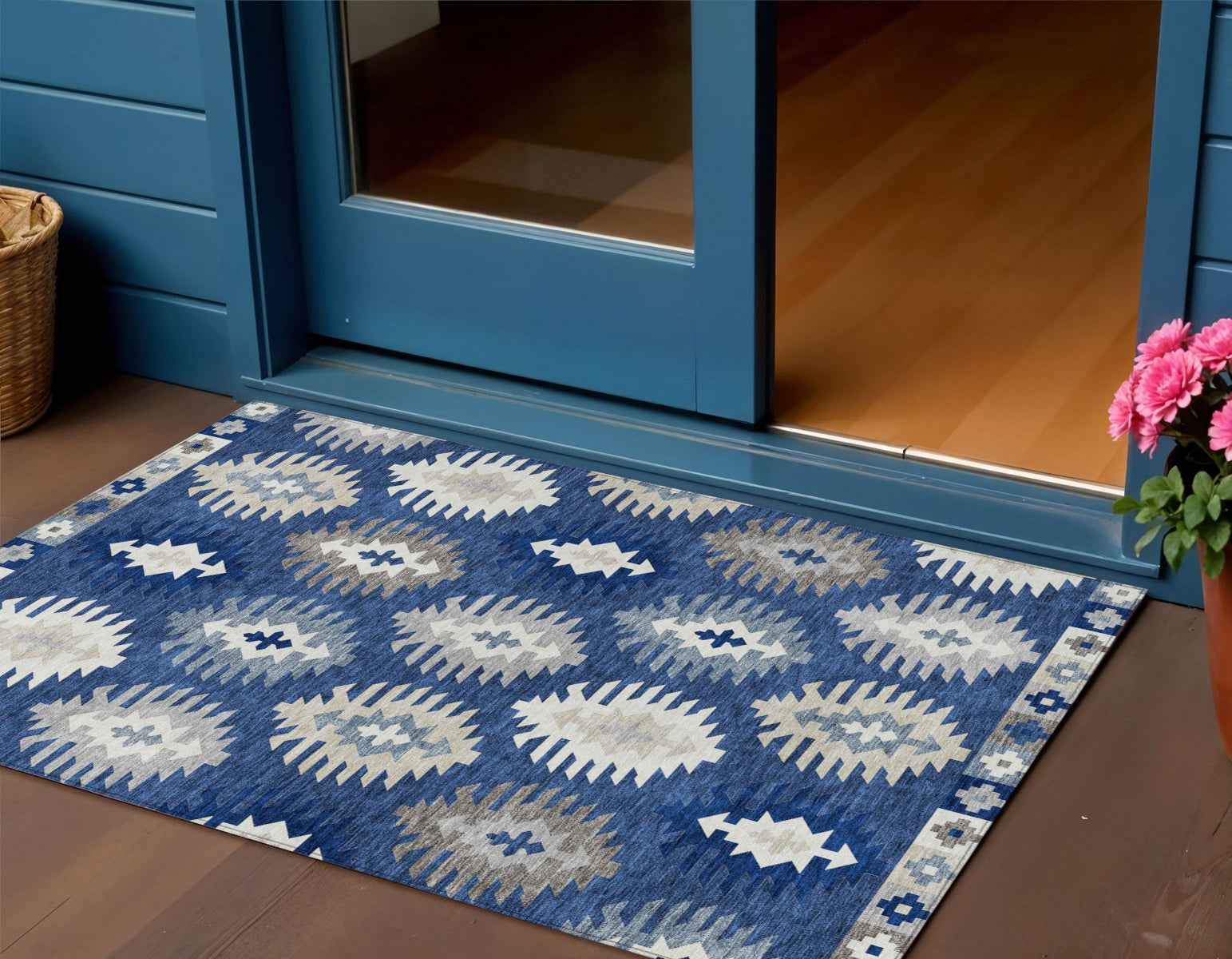 3' X 5' Navy Blue Ivory And Gray Southwestern Washable Indoor Outdoor Area Rug