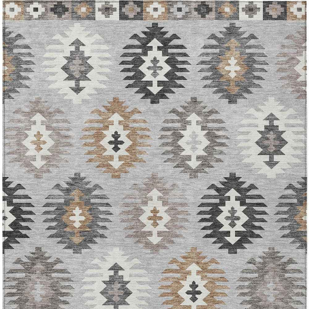 8' X 10' Silver Beige And Charcoal Southwestern Washable Indoor Outdoor Area Rug