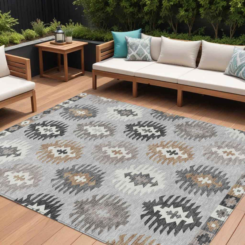 8' X 10' Silver Beige And Charcoal Southwestern Washable Indoor Outdoor Area Rug
