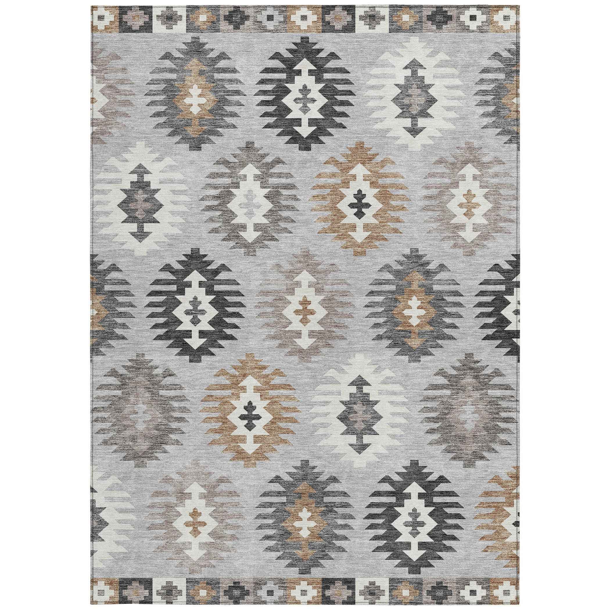 8' X 10' Silver Beige And Charcoal Southwestern Washable Indoor Outdoor Area Rug