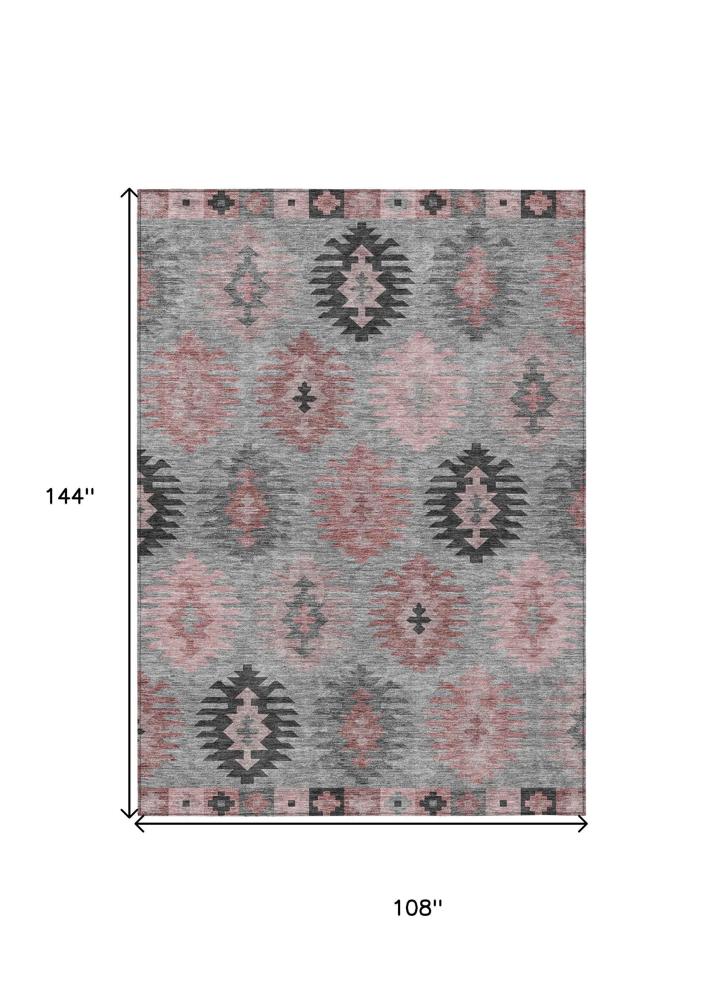 9' X 12' Gray Mauve And Charcoal Southwestern Washable Indoor Outdoor Area Rug