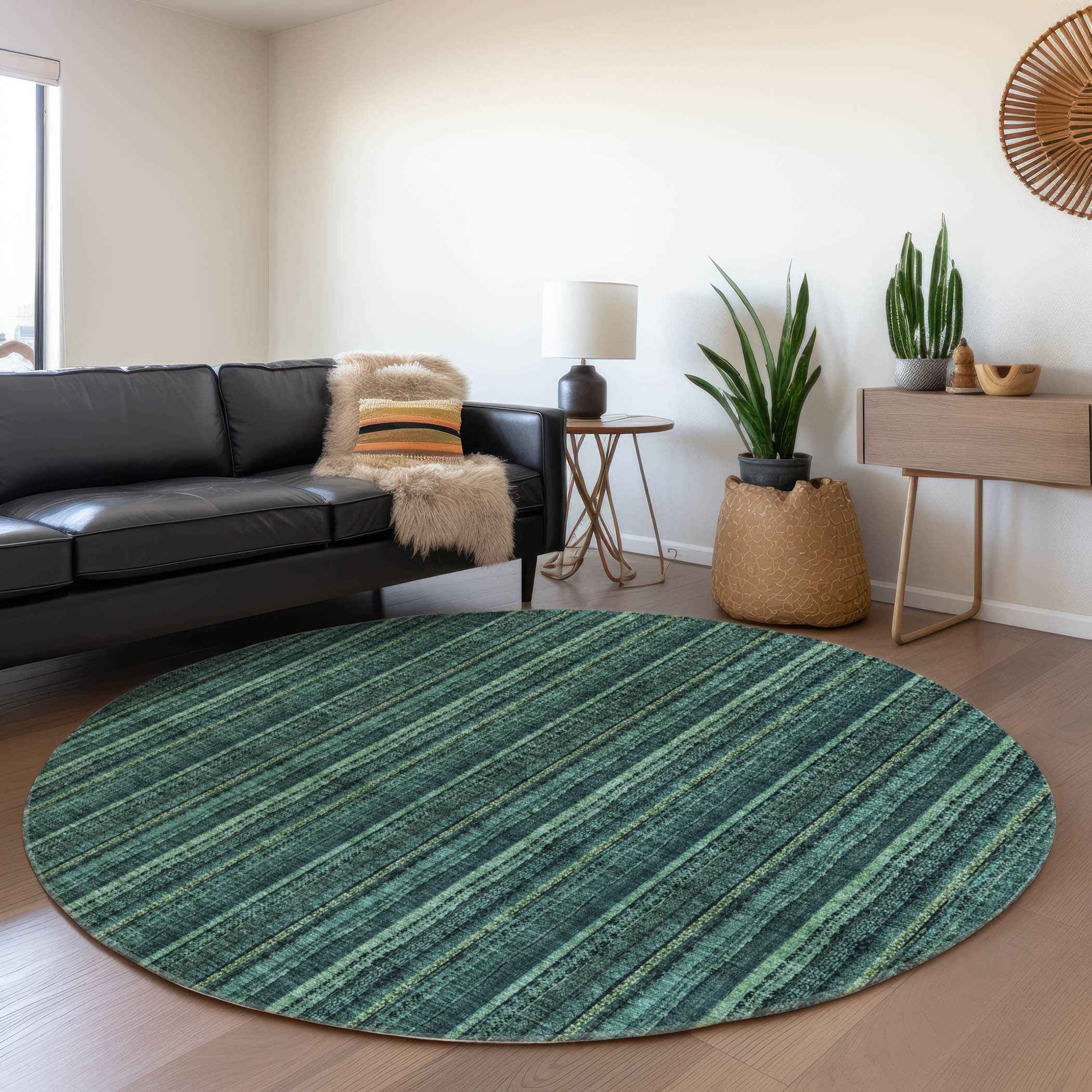 8' Teal Blue Aqua And Mint Green Round Striped Washable Indoor Outdoor Area Rug