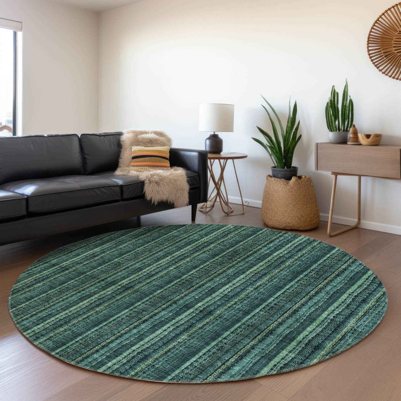 8' Teal Blue Aqua And Mint Green Round Striped Washable Indoor Outdoor Area Rug