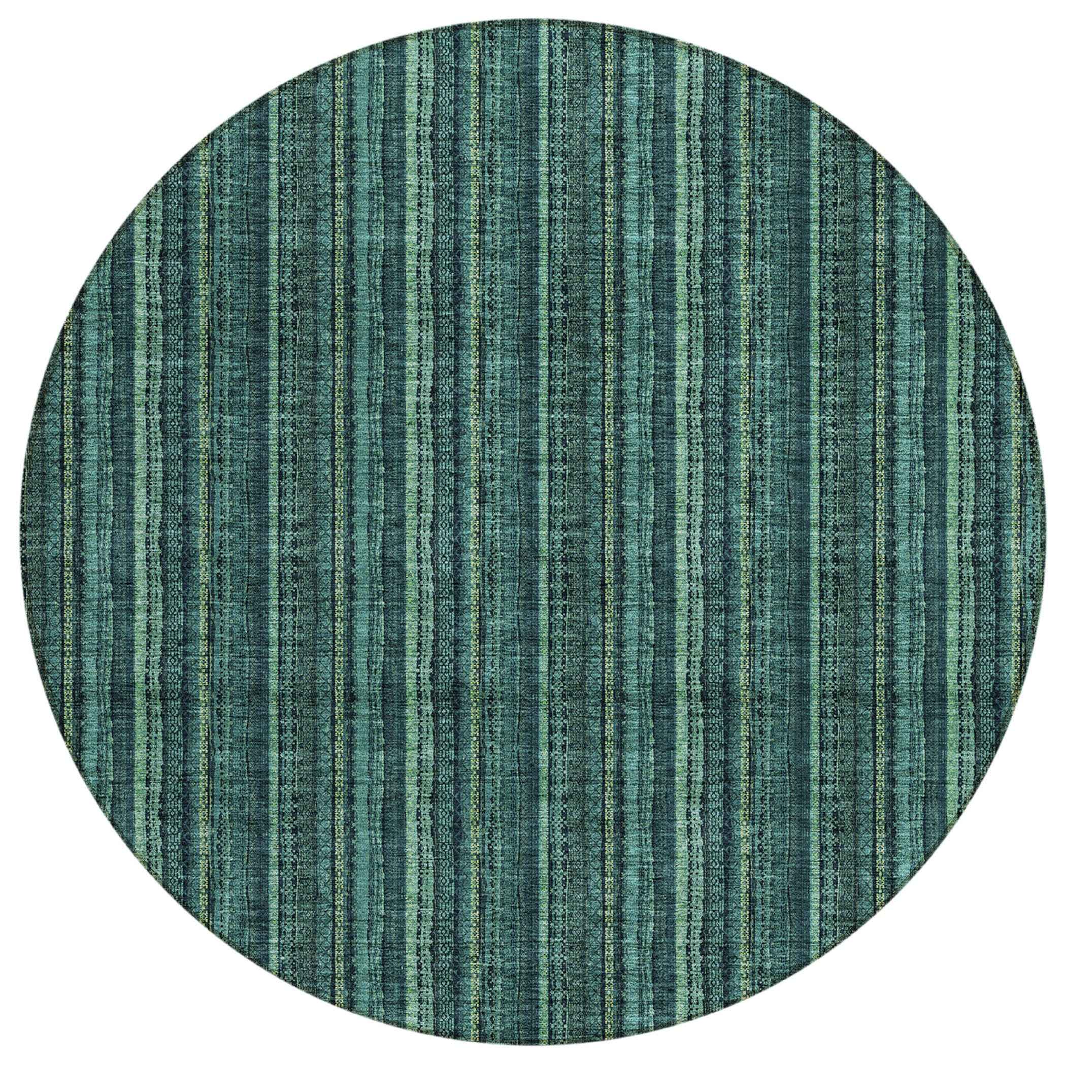 8' Teal Blue Aqua And Mint Green Round Striped Washable Indoor Outdoor Area Rug