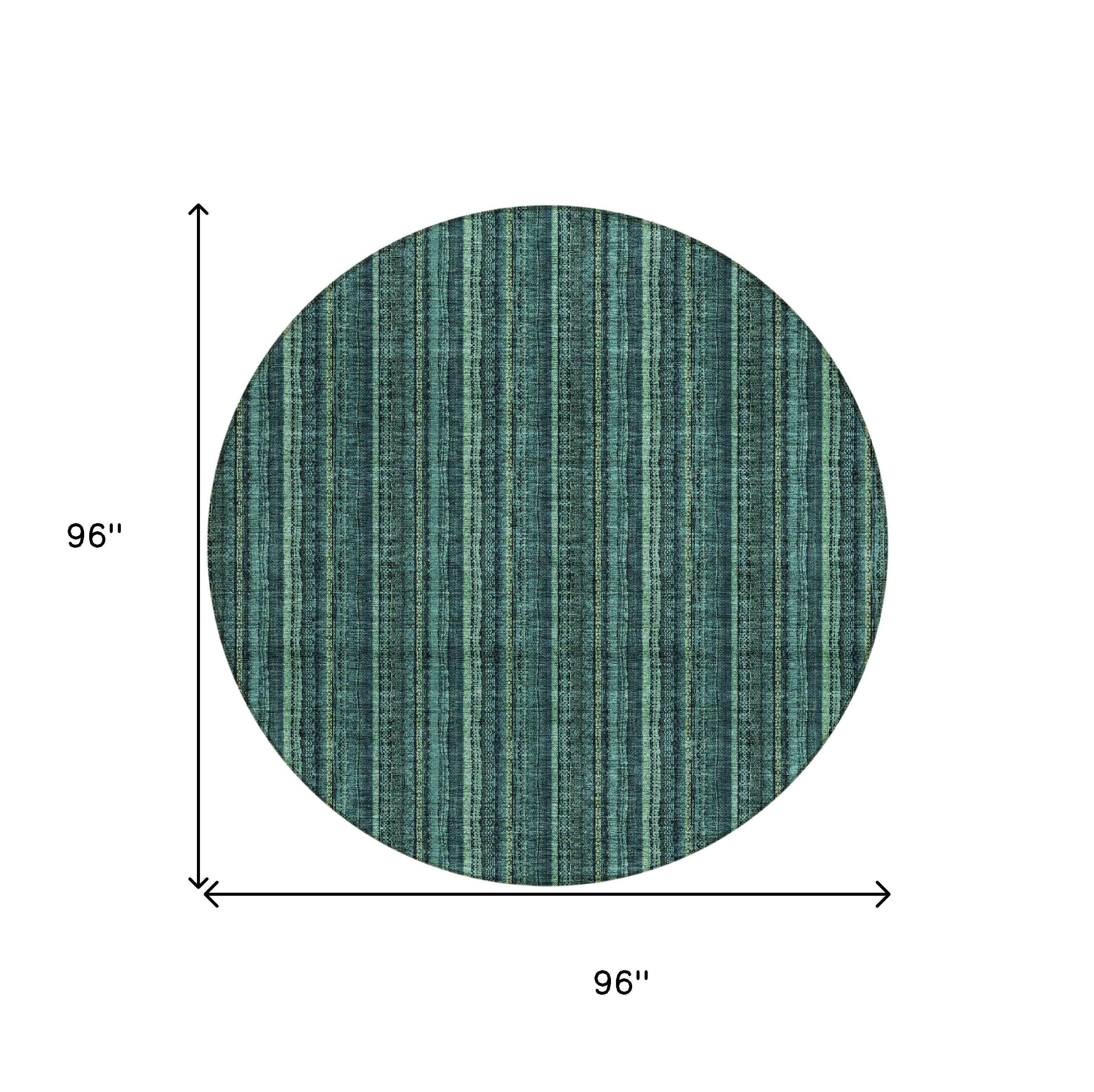 8' Teal Blue Aqua And Mint Green Round Striped Washable Indoor Outdoor Area Rug