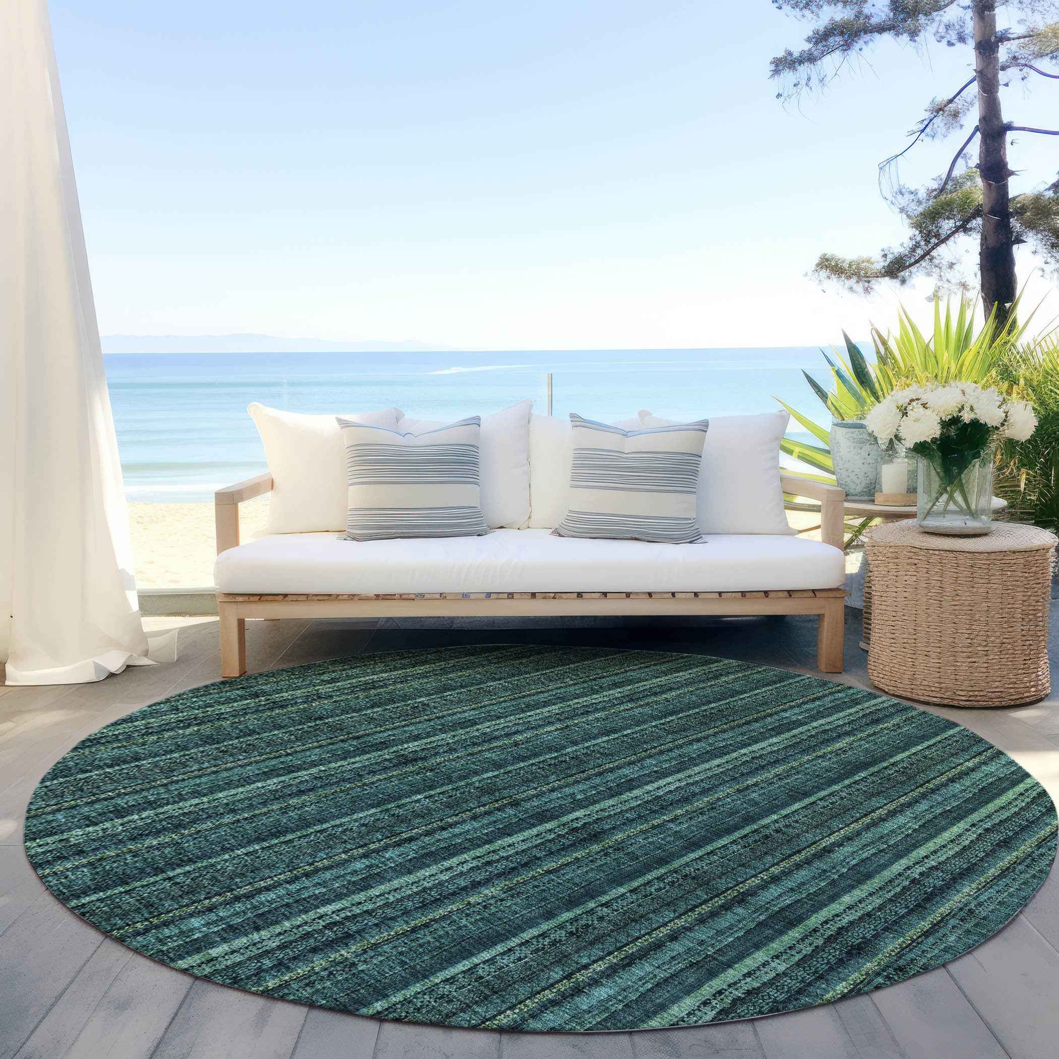 8' Teal Blue Aqua And Mint Green Round Striped Washable Indoor Outdoor Area Rug