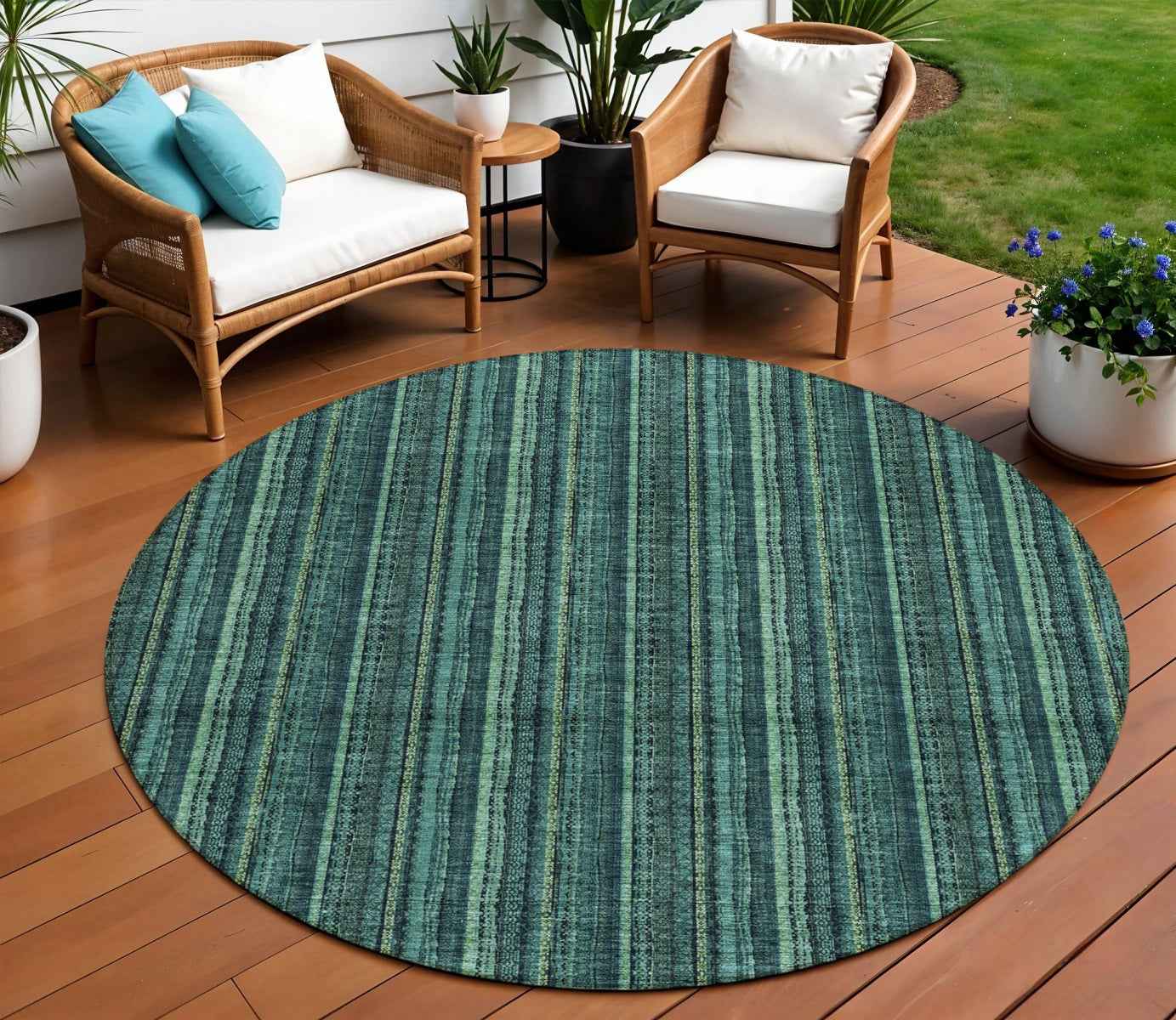 8' Teal Blue Aqua And Mint Green Round Striped Washable Indoor Outdoor Area Rug