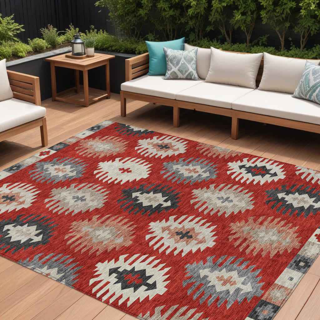 10' X 14' Red Ivory And Salmon Southwestern Washable Indoor Outdoor Area Rug