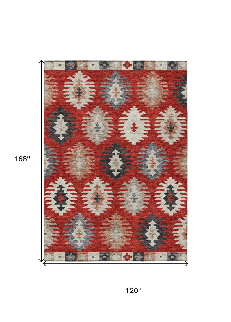 10' X 14' Red Ivory And Salmon Southwestern Washable Indoor Outdoor Area Rug