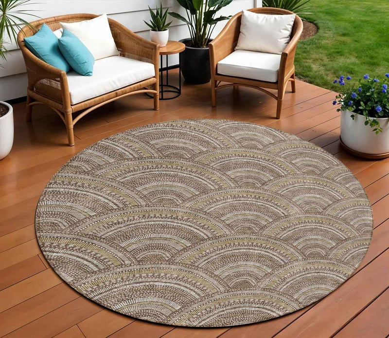 8' Brown Beige And Taupe Round Geometric Washable Indoor Outdoor Area Rug
