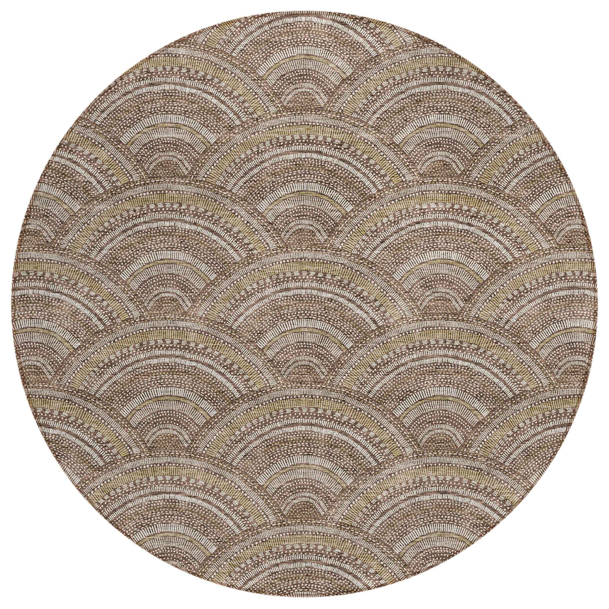 8' Brown Beige And Taupe Round Geometric Washable Indoor Outdoor Area Rug