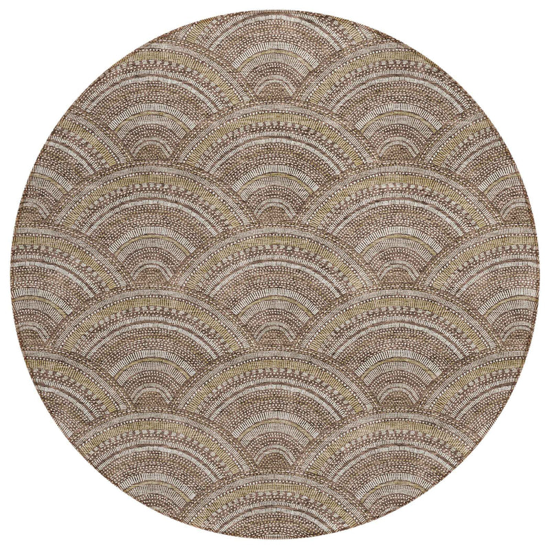 8' Brown Beige And Taupe Round Geometric Washable Indoor Outdoor Area Rug