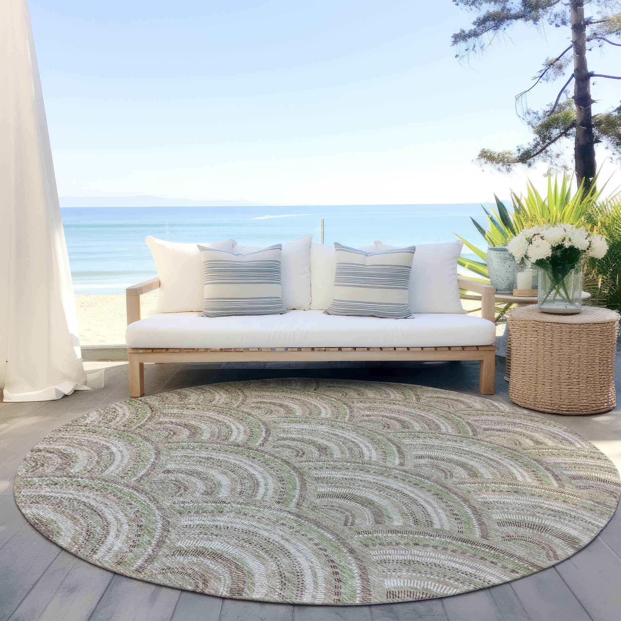 8' Taupe Fern Green And Ivory Round Geometric Washable Indoor Outdoor Area Rug