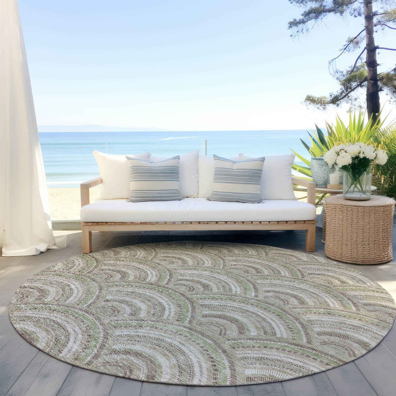 8' Taupe Fern Green And Ivory Round Geometric Washable Indoor Outdoor Area Rug