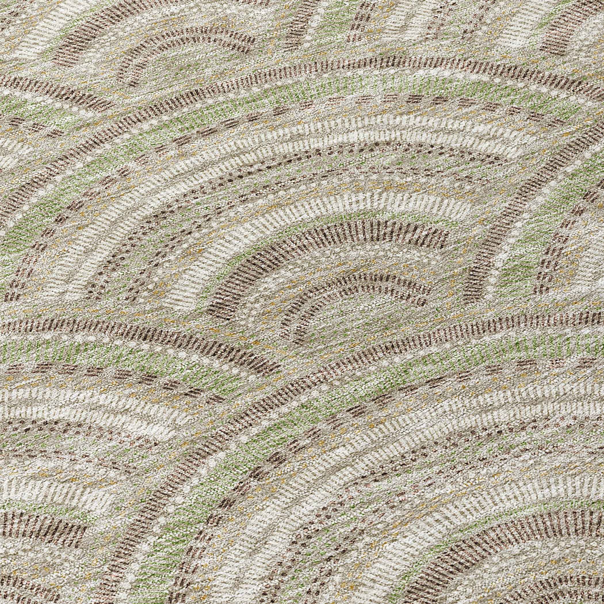 8' Taupe Fern Green And Ivory Round Geometric Washable Indoor Outdoor Area Rug