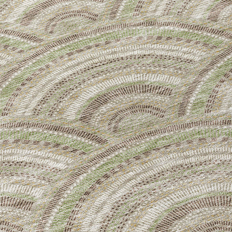 8' Taupe Fern Green And Ivory Round Geometric Washable Indoor Outdoor Area Rug