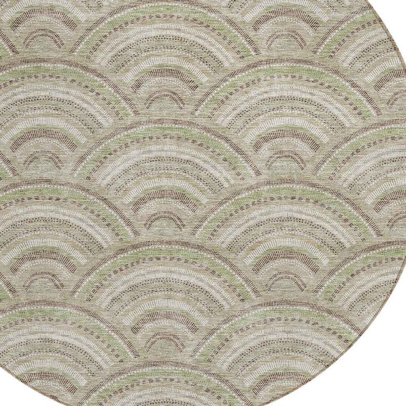 8' Taupe Fern Green And Ivory Round Geometric Washable Indoor Outdoor Area Rug