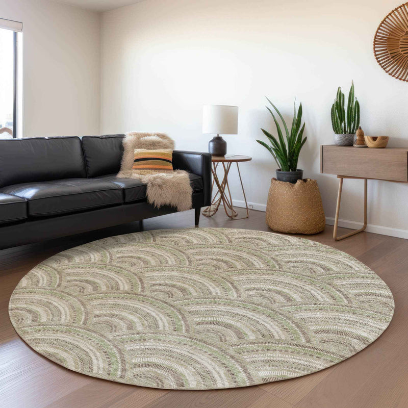 8' Taupe Fern Green And Ivory Round Geometric Washable Indoor Outdoor Area Rug