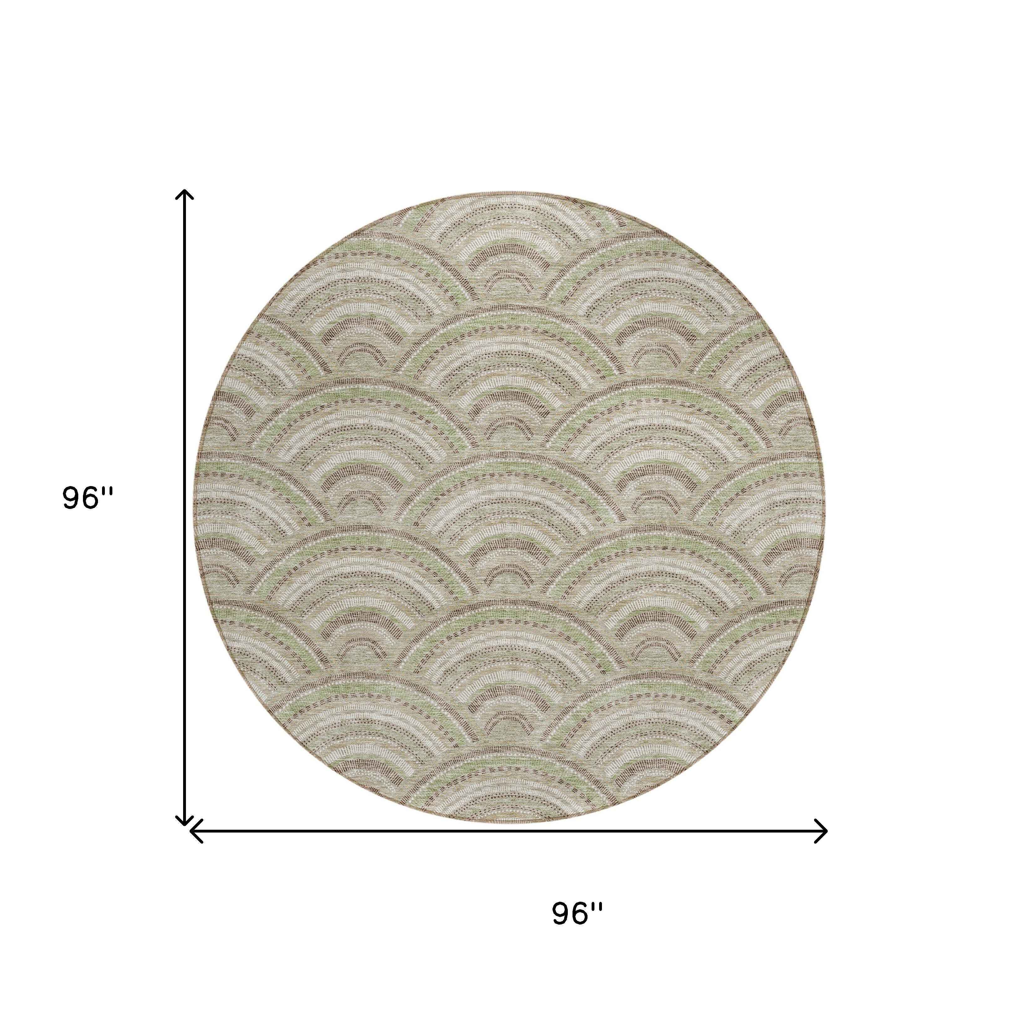 8' Taupe Fern Green And Ivory Round Geometric Washable Indoor Outdoor Area Rug