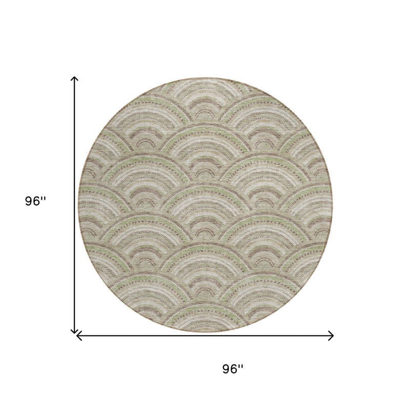 8' Taupe Fern Green And Ivory Round Geometric Washable Indoor Outdoor Area Rug