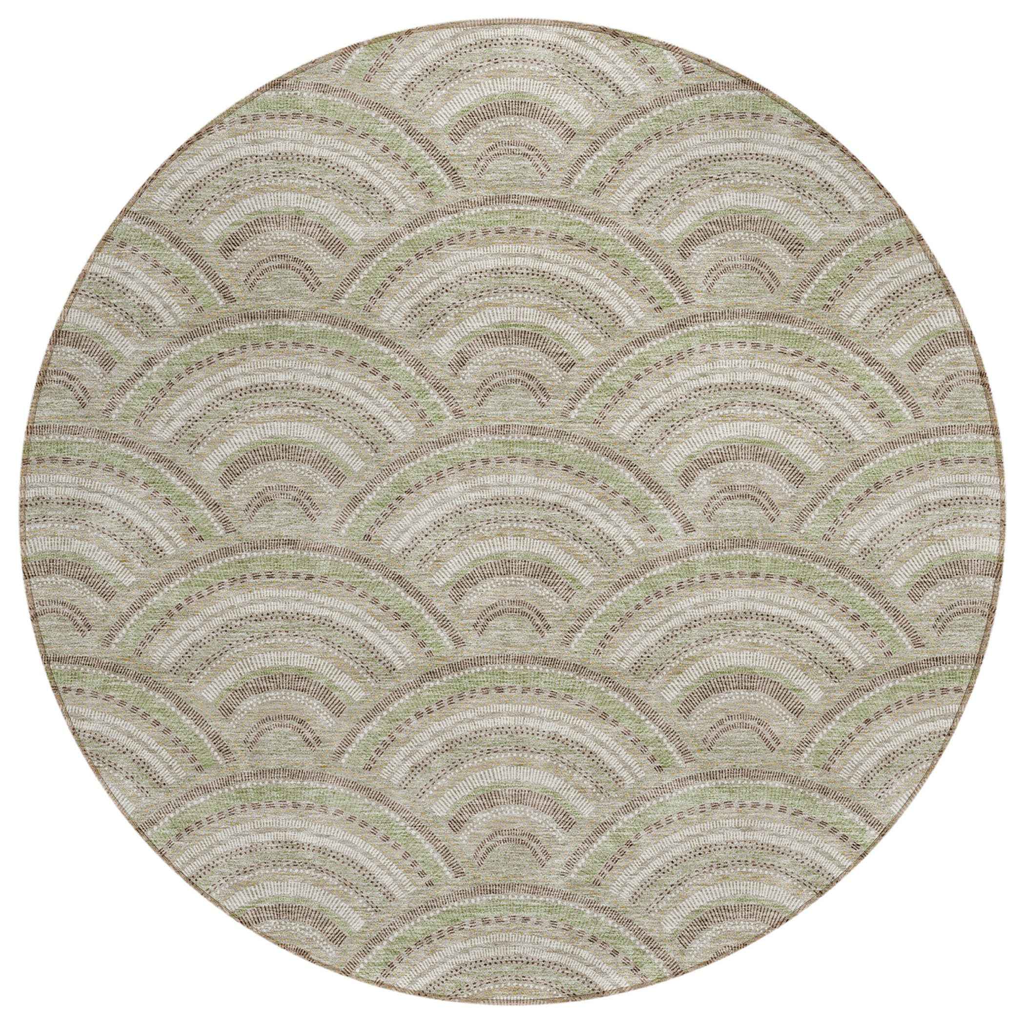 8' Taupe Fern Green And Ivory Round Geometric Washable Indoor Outdoor Area Rug
