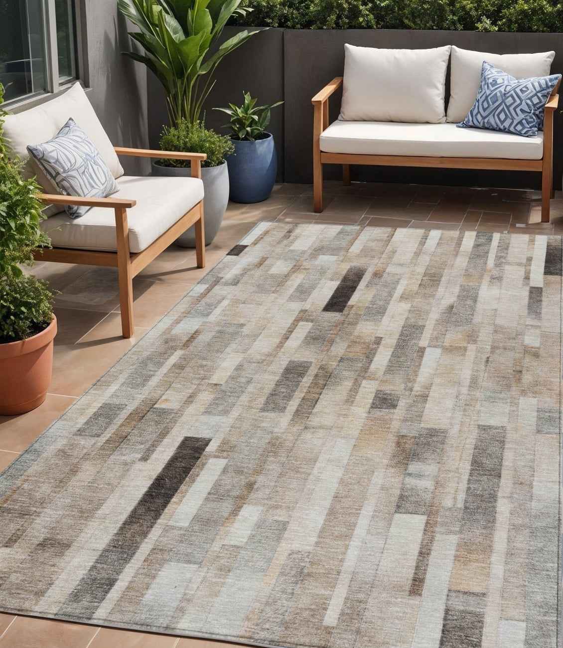 5' X 8' Taupe And Gray Striped Washable Indoor Outdoor Area Rug