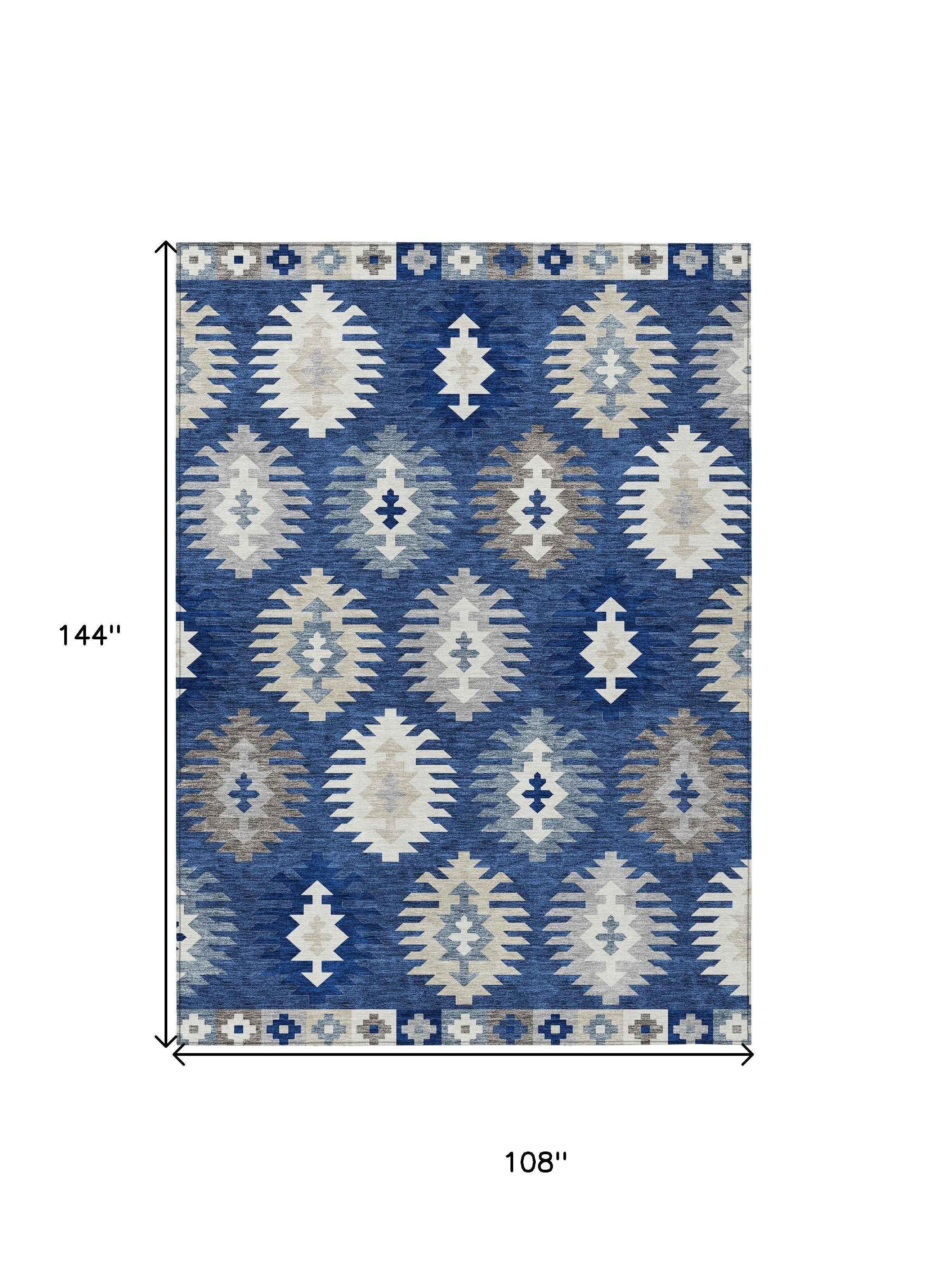 9' X 12' Navy Blue Ivory And Gray Southwestern Washable Indoor Outdoor Area Rug