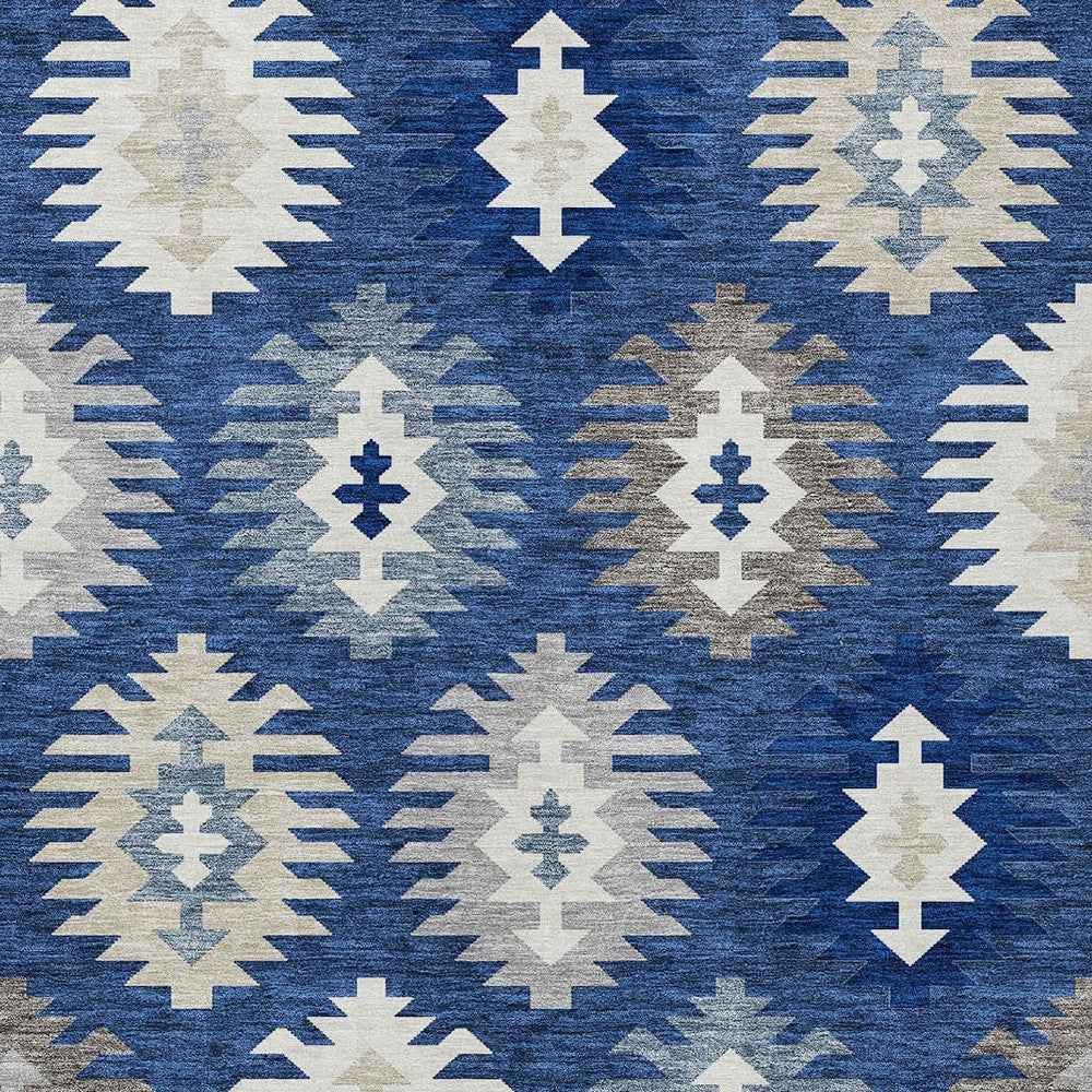 9' X 12' Navy Blue Ivory And Gray Southwestern Washable Indoor Outdoor Area Rug