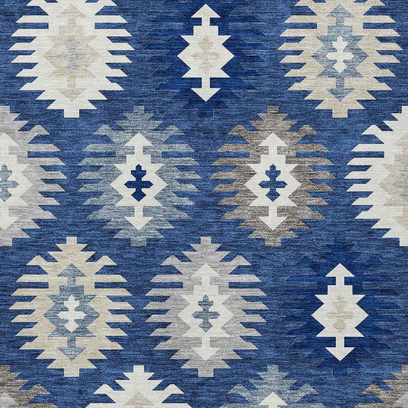 9' X 12' Navy Blue Ivory And Gray Southwestern Washable Indoor Outdoor Area Rug