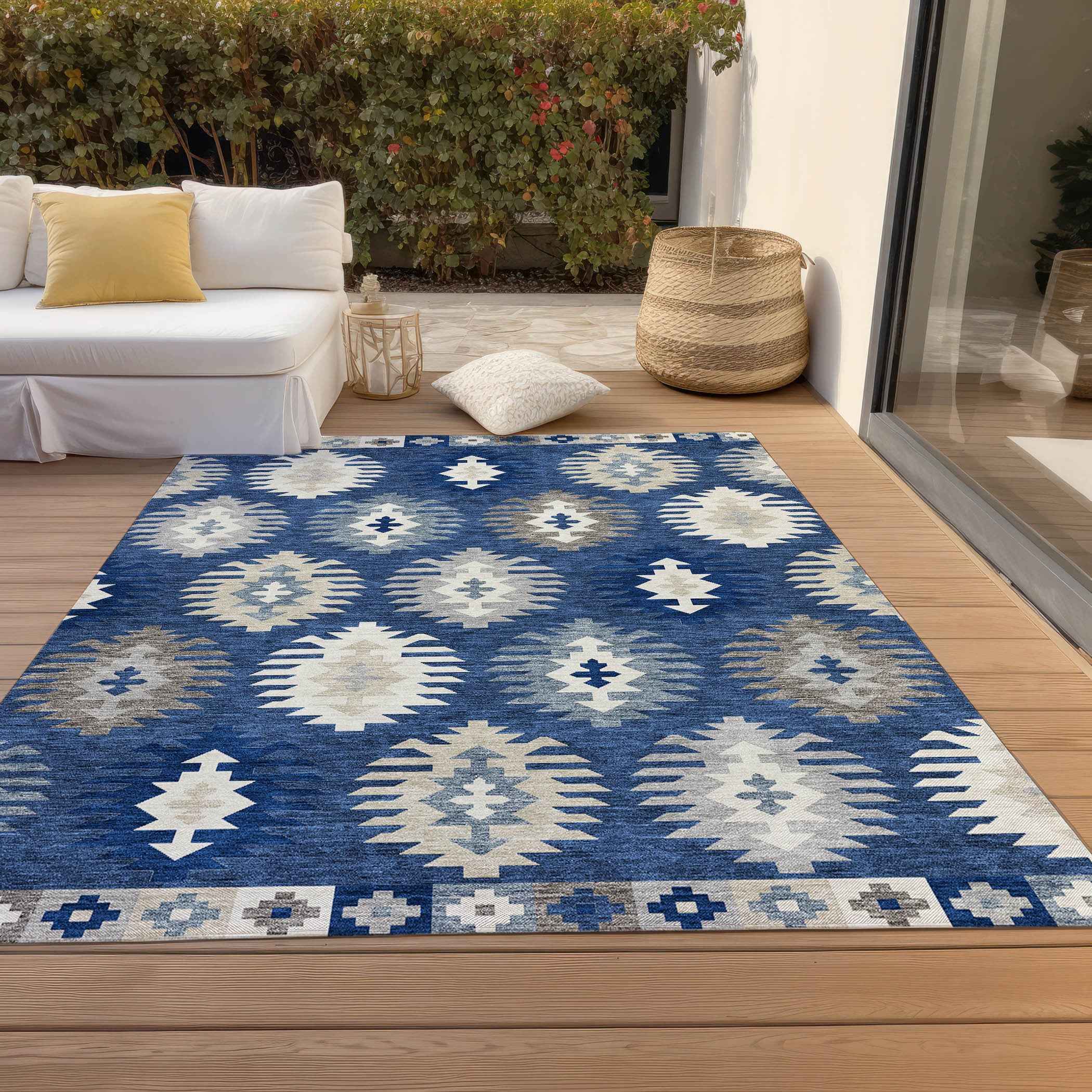 9' X 12' Navy Blue Ivory And Gray Southwestern Washable Indoor Outdoor Area Rug