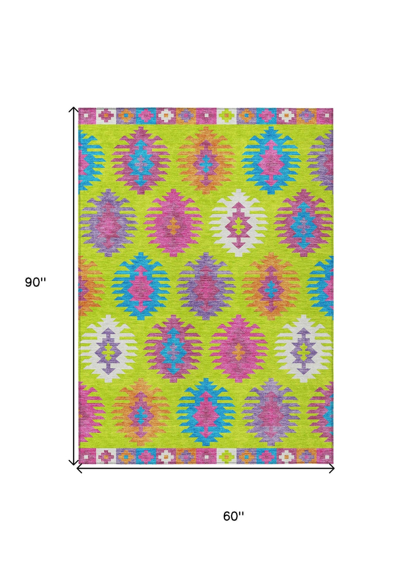 5' X 8' Lime Green Pink And Purple Southwestern Washable Indoor Outdoor Area Rug