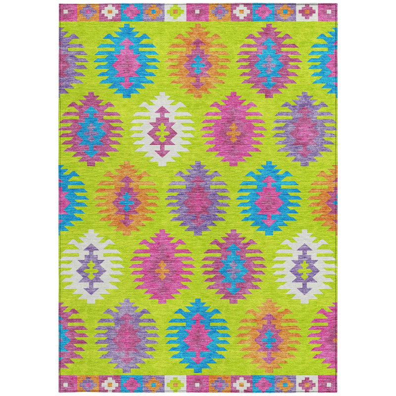5' X 8' Lime Green Pink And Purple Southwestern Washable Indoor Outdoor Area Rug
