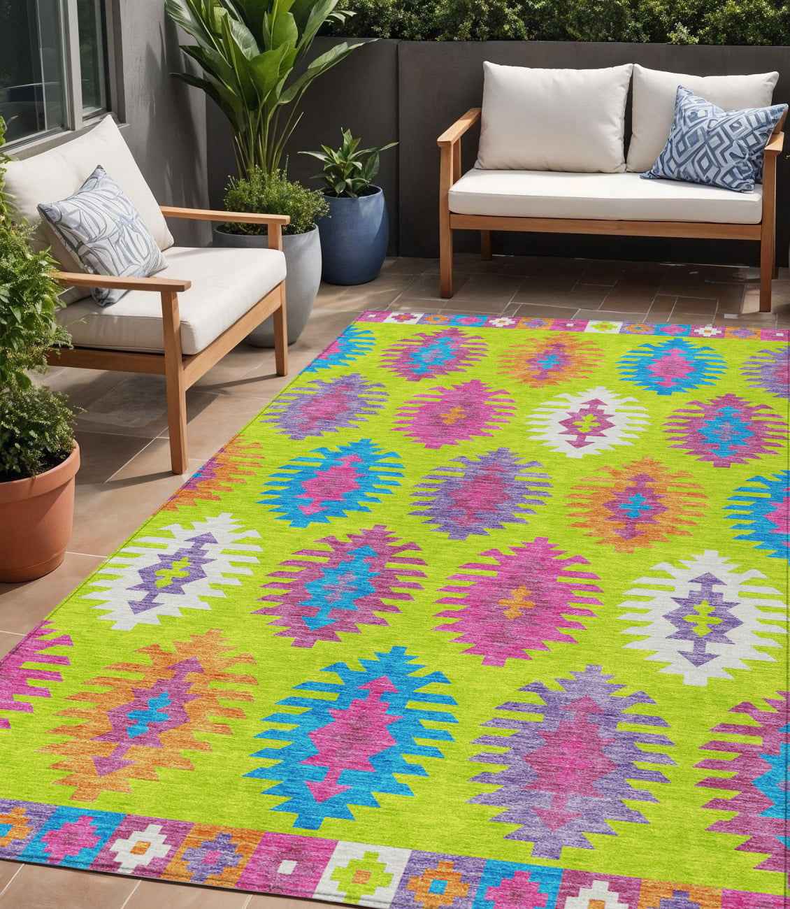 5' X 8' Lime Green Pink And Purple Southwestern Washable Indoor Outdoor Area Rug