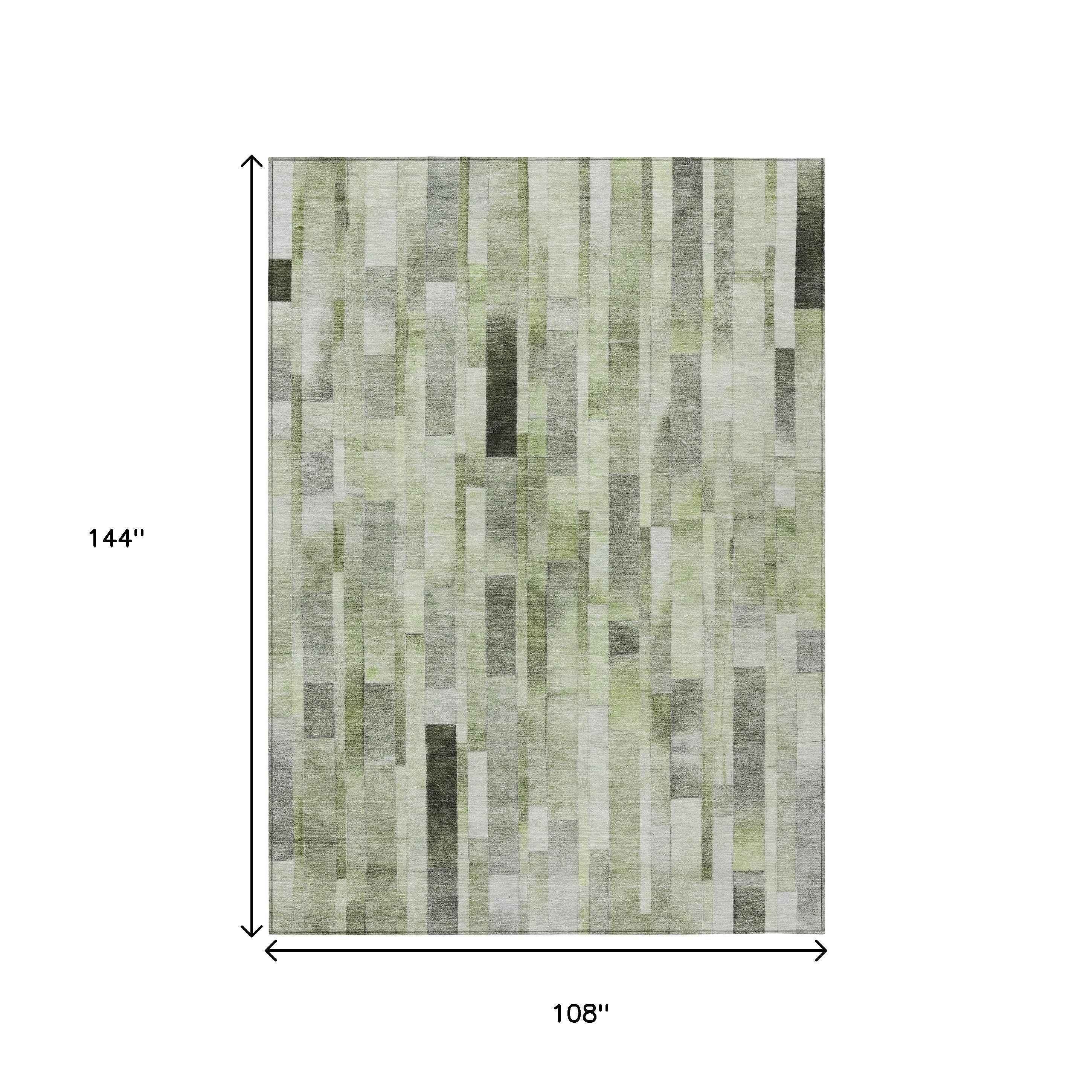 9' X 12' Green And Gray Striped Washable Indoor Outdoor Area Rug